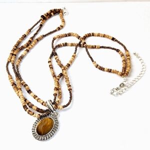 Tiger's Eye Pendant on Multistrand Natural Beads & Earring Set